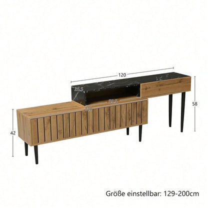 Moderner TV-Ständer mit Marmor- und Holzmaserungsdesign, PVC-Kante, Eisenbeinen, dunkle Holzfarbe, Heimdekoration, platzsparend, langlebig und langlebig