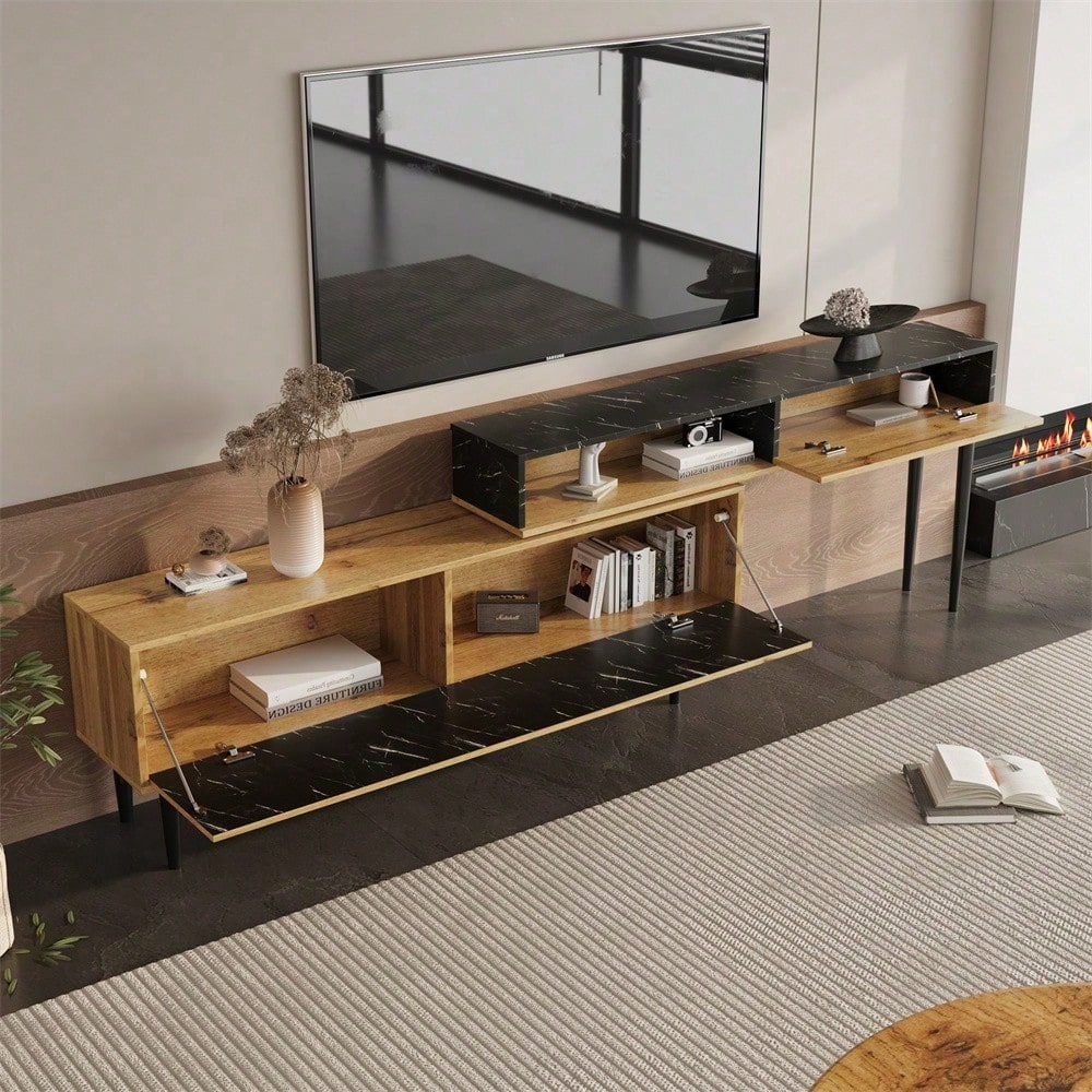 Moderner TV-Ständer mit Marmor- und Holzmaserungsdesign, PVC-Kante, Eisenbeinen, dunkle Holzfarbe, Heimdekoration, platzsparend, langlebig und langlebig