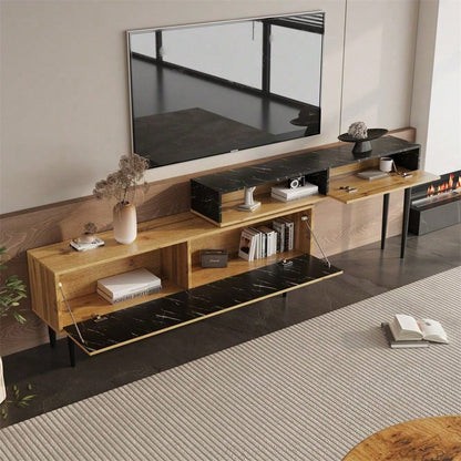 Moderner TV-Ständer mit Marmor- und Holzmaserungsdesign, PVC-Kante, Eisenbeinen, dunkle Holzfarbe, Heimdekoration, platzsparend, langlebig und langlebig