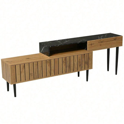 Moderner TV-Ständer mit Marmor- und Holzmaserungsdesign, PVC-Kante, Eisenbeinen, dunkle Holzfarbe, Heimdekoration, platzsparend, langlebig und langlebig