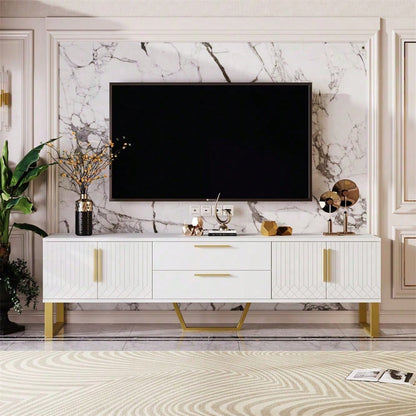 Hochglänzender TV-Schrank: Boden, goldene Griffe und Füße, Tür mit gravierter Textur, Aufbewahrungslösung für das Wohnzimmer, perfekte Kombination aus Eleganz, Luxus und Funktionalität