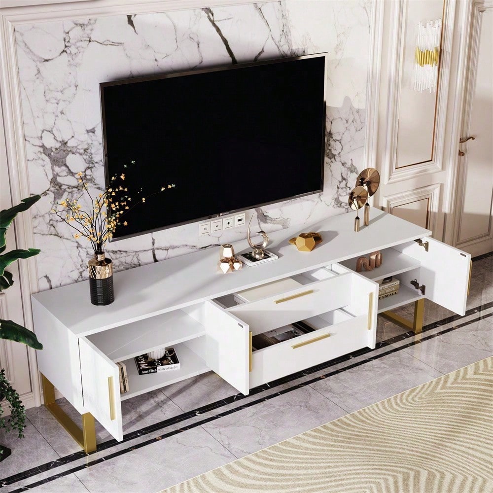 Hochglänzender TV-Schrank: Boden, goldene Griffe und Füße, Tür mit gravierter Textur, Aufbewahrungslösung für das Wohnzimmer, perfekte Kombination aus Eleganz, Luxus und Funktionalität