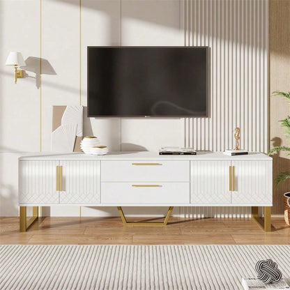 Hochglänzender TV-Schrank: Boden, goldene Griffe und Füße, Tür mit gravierter Textur, Aufbewahrungslösung für das Wohnzimmer, perfekte Kombination aus Eleganz, Luxus und Funktionalität