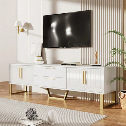 Hochglänzender TV-Schrank: Boden, goldene Griffe und Füße, Tür mit gravierter Textur, Aufbewahrungslösung für das Wohnzimmer, perfekte Kombination aus Eleganz, Luxus und Funktionalität