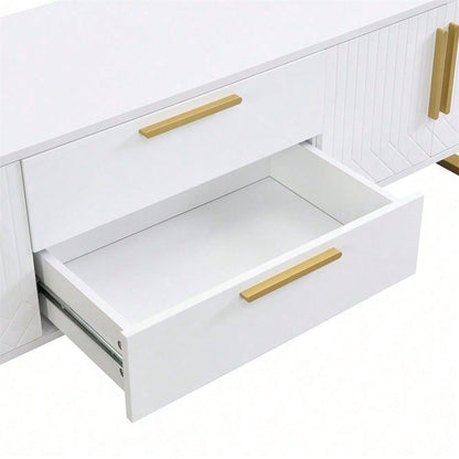Hochglänzender TV-Schrank: Boden, goldene Griffe und Füße, Tür mit gravierter Textur, Aufbewahrungslösung für das Wohnzimmer, perfekte Kombination aus Eleganz, Luxus und Funktionalität