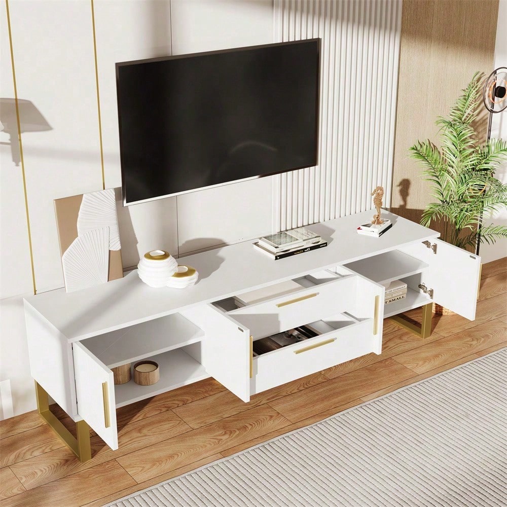 Hochglänzender TV-Schrank: Boden, goldene Griffe und Füße, Tür mit gravierter Textur, Aufbewahrungslösung für das Wohnzimmer, perfekte Kombination aus Eleganz, Luxus und Funktionalität