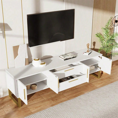 Hochglänzender TV-Schrank: Boden, goldene Griffe und Füße, Tür mit gravierter Textur, Aufbewahrungslösung für das Wohnzimmer, perfekte Kombination aus Eleganz, Luxus und Funktionalität