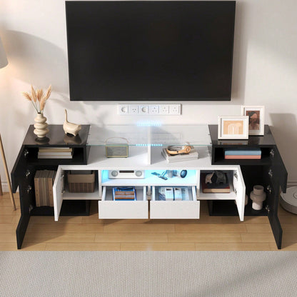 Stilvoller TV-Schrank, Lowboard. hochglänzendes Weiß, 145 cm, LED-Beleuchtung, Wohnzimmermöbel. modernes Design. elegante Glasoberfläche.