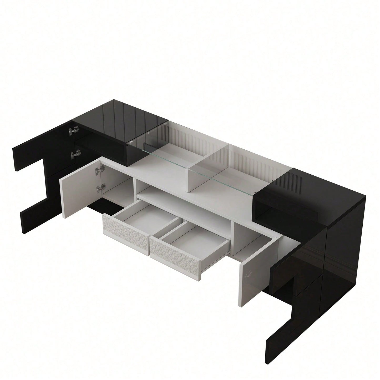 Stilvoller TV-Schrank, Lowboard. hochglänzendes Weiß, 145 cm, LED-Beleuchtung, Wohnzimmermöbel. modernes Design. elegante Glasoberfläche.