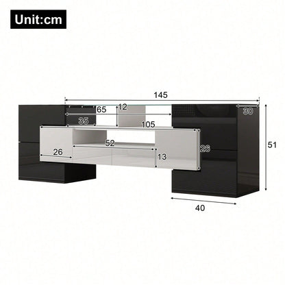 Stilvoller TV-Schrank, Lowboard. hochglänzendes Weiß, 145 cm, LED-Beleuchtung, Wohnzimmermöbel. modernes Design. elegante Glasoberfläche.