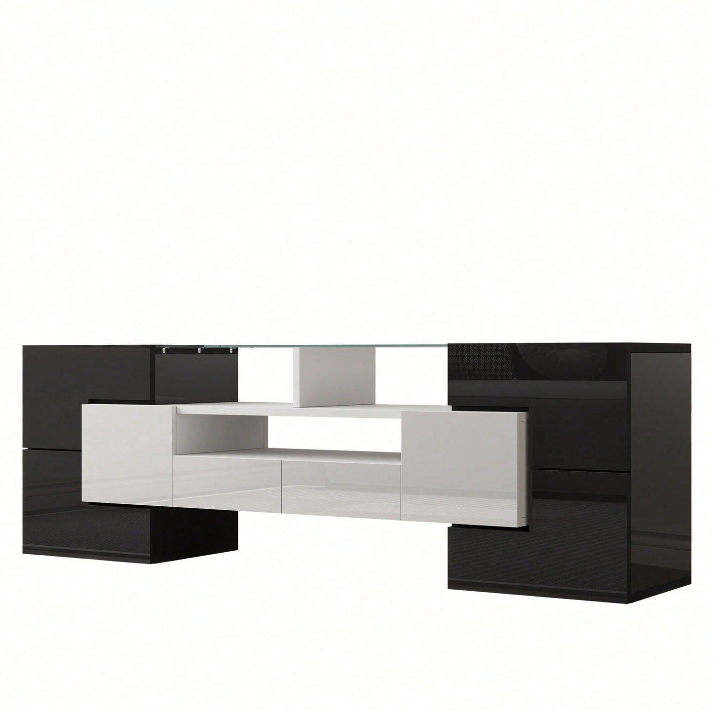 Stilvoller TV-Schrank, Lowboard. hochglänzendes Weiß, 145 cm, LED-Beleuchtung, Wohnzimmermöbel. modernes Design. elegante Glasoberfläche.