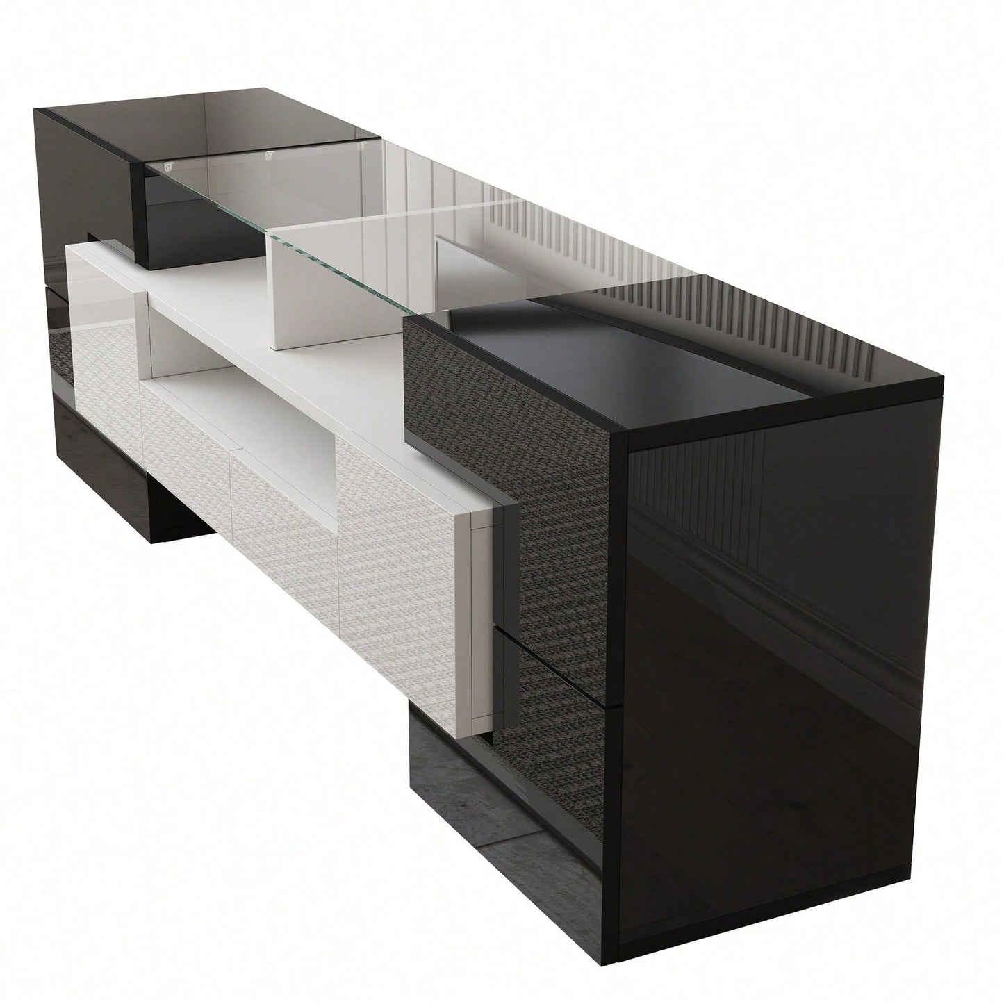 Stilvoller TV-Schrank, Lowboard. hochglänzendes Weiß, 145 cm, LED-Beleuchtung, Wohnzimmermöbel. modernes Design. elegante Glasoberfläche.