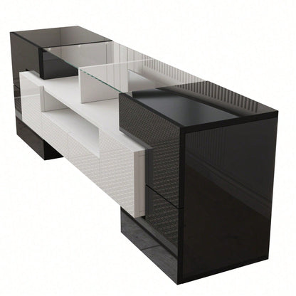 Stilvoller TV-Schrank, Lowboard. hochglänzendes Weiß, 145 cm, LED-Beleuchtung, Wohnzimmermöbel. modernes Design. elegante Glasoberfläche.