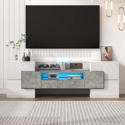 Stilvoller TV-Schrank, Lowboard. hochglänzendes Weiß, 145 cm, LED-Beleuchtung, Wohnzimmermöbel. modernes Design. elegante Glasoberfläche.