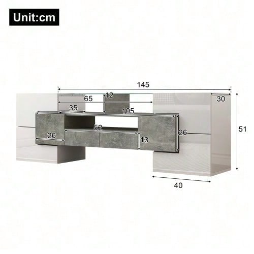 Stilvoller TV-Schrank, Lowboard. hochglänzendes Weiß, 145 cm, LED-Beleuchtung, Wohnzimmermöbel. modernes Design. elegante Glasoberfläche.