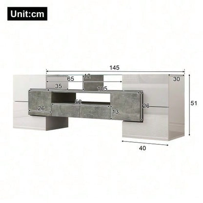 Stilvoller TV-Schrank, Lowboard. hochglänzendes Weiß, 145 cm, LED-Beleuchtung, Wohnzimmermöbel. modernes Design. elegante Glasoberfläche.