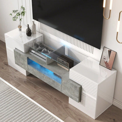 Stilvoller TV-Schrank, Lowboard. hochglänzendes Weiß, 145 cm, LED-Beleuchtung, Wohnzimmermöbel. modernes Design. elegante Glasoberfläche.