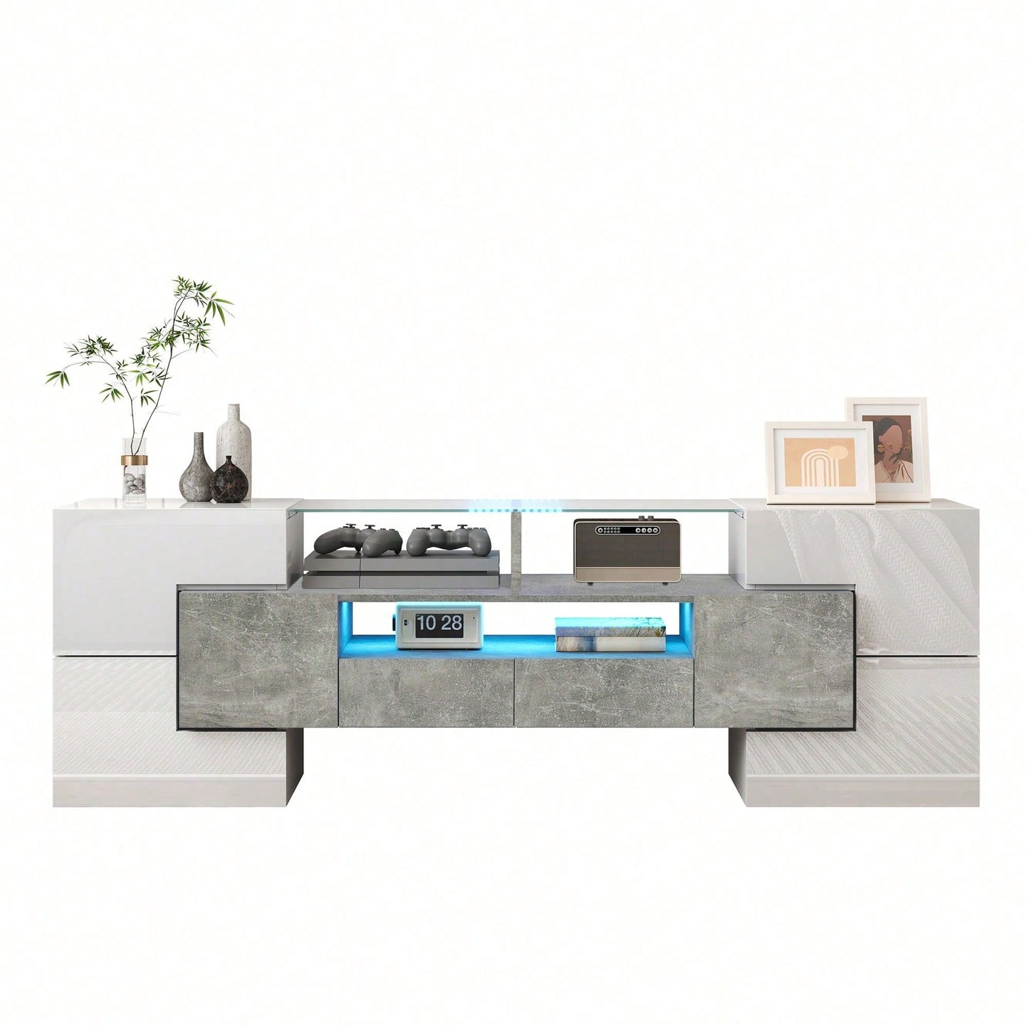 Stilvoller TV-Schrank, Lowboard. hochglänzendes Weiß, 145 cm, LED-Beleuchtung, Wohnzimmermöbel. modernes Design. elegante Glasoberfläche.