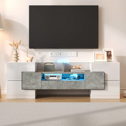 Stilvoller TV-Schrank, Lowboard. hochglänzendes Weiß, 145 cm, LED-Beleuchtung, Wohnzimmermöbel. modernes Design. elegante Glasoberfläche.