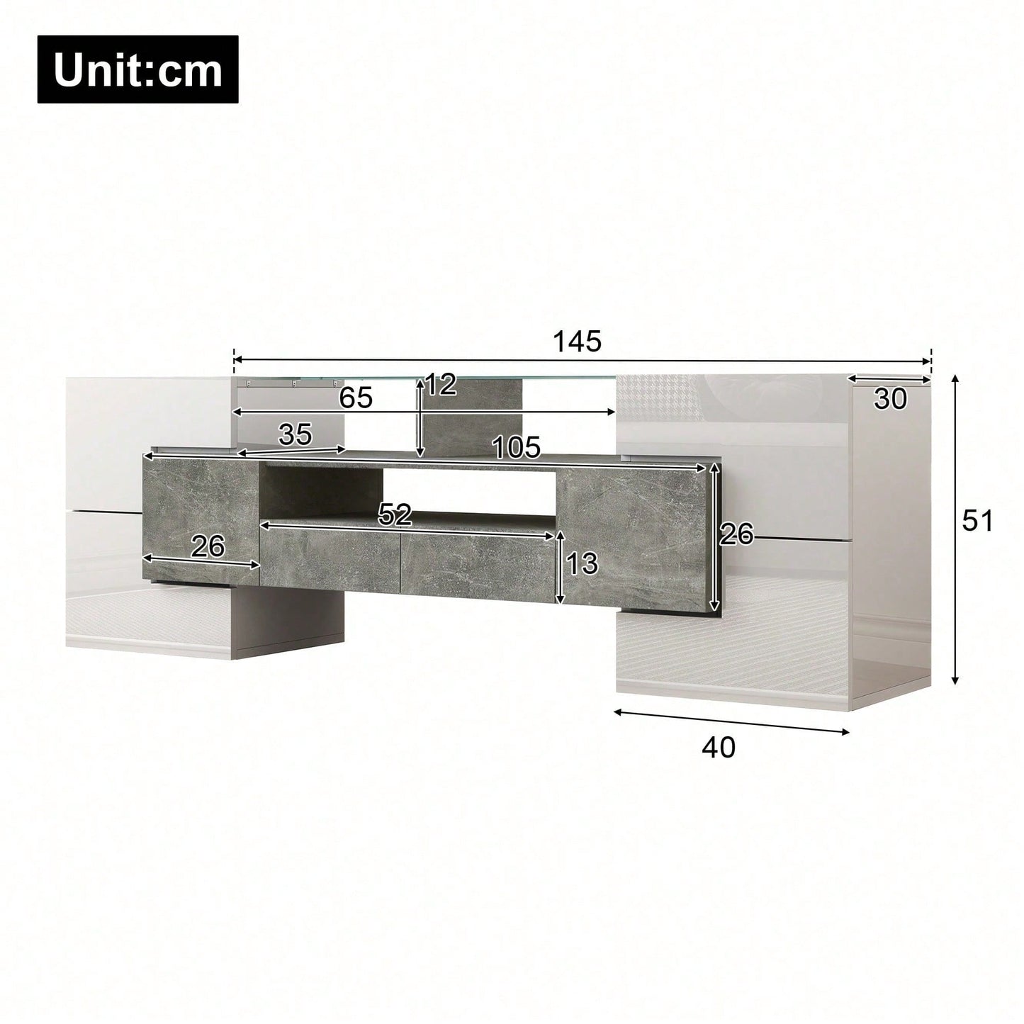 Stilvoller TV-Schrank, Lowboard. hochglänzendes Weiß, 145 cm, LED-Beleuchtung, Wohnzimmermöbel. modernes Design. elegante Glasoberfläche.