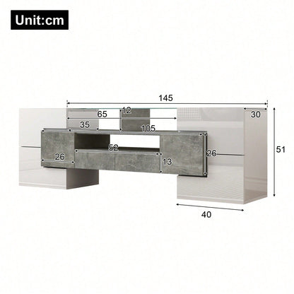 Stilvoller TV-Schrank, Lowboard. hochglänzendes Weiß, 145 cm, LED-Beleuchtung, Wohnzimmermöbel. modernes Design. elegante Glasoberfläche.