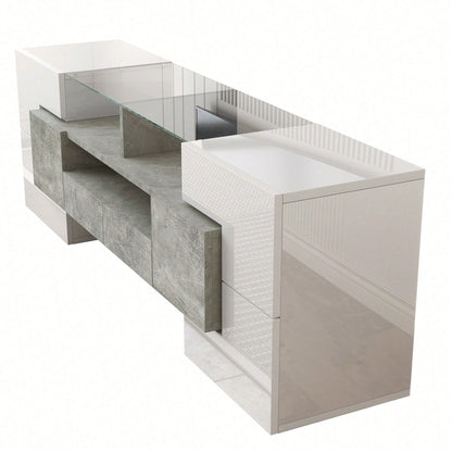 Stilvoller TV-Schrank, Lowboard. hochglänzendes Weiß, 145 cm, LED-Beleuchtung, Wohnzimmermöbel. modernes Design. elegante Glasoberfläche.