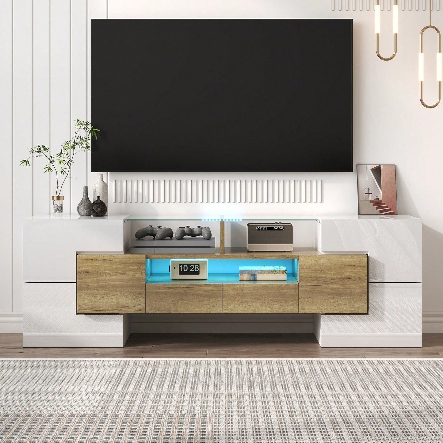 Stilvoller TV-Schrank, Lowboard. hochglänzendes Weiß, 145 cm, LED-Beleuchtung, Wohnzimmermöbel. modernes Design. elegante Glasoberfläche.