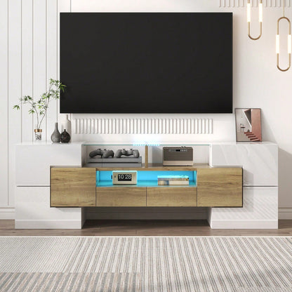 Stilvoller TV-Schrank, Lowboard. hochglänzendes Weiß, 145 cm, LED-Beleuchtung, Wohnzimmermöbel. modernes Design. elegante Glasoberfläche.