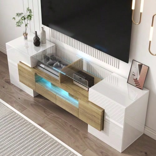 Stilvoller TV-Schrank, Lowboard. hochglänzendes Weiß, 145 cm, LED-Beleuchtung, Wohnzimmermöbel. modernes Design. elegante Glasoberfläche.