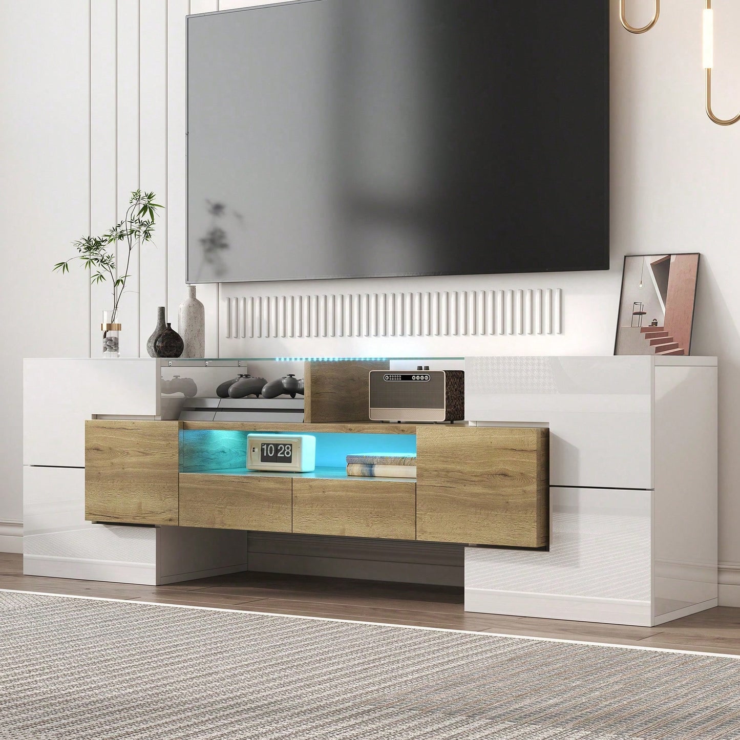 Stilvoller TV-Schrank, Lowboard. hochglänzendes Weiß, 145 cm, LED-Beleuchtung, Wohnzimmermöbel. modernes Design. elegante Glasoberfläche.