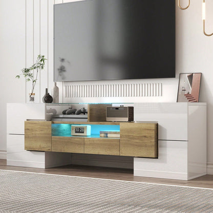 Stilvoller TV-Schrank, Lowboard. hochglänzendes Weiß, 145 cm, LED-Beleuchtung, Wohnzimmermöbel. modernes Design. elegante Glasoberfläche.