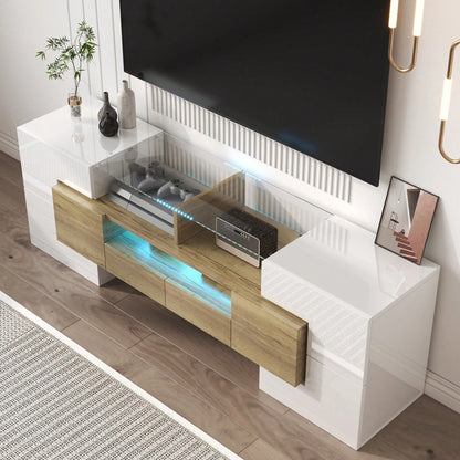 Stilvoller TV-Schrank, Lowboard. hochglänzendes Weiß, 145 cm, LED-Beleuchtung, Wohnzimmermöbel. modernes Design. elegante Glasoberfläche.