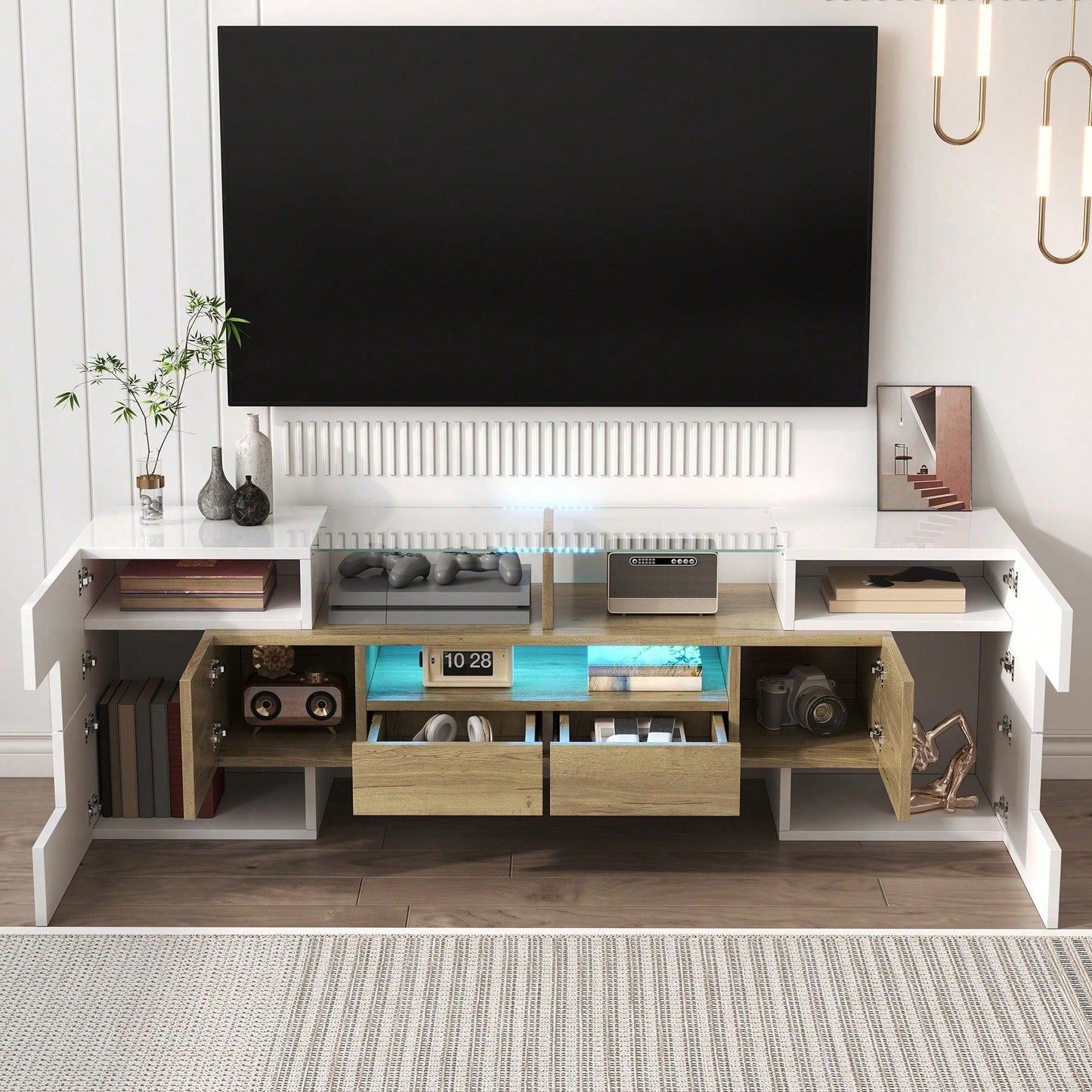 Stilvoller TV-Schrank, Lowboard. hochglänzendes Weiß, 145 cm, LED-Beleuchtung, Wohnzimmermöbel. modernes Design. elegante Glasoberfläche.