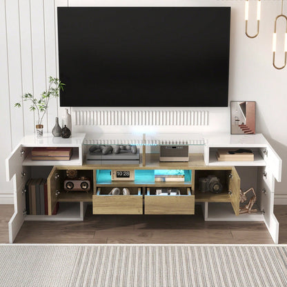 Stilvoller TV-Schrank, Lowboard. hochglänzendes Weiß, 145 cm, LED-Beleuchtung, Wohnzimmermöbel. modernes Design. elegante Glasoberfläche.
