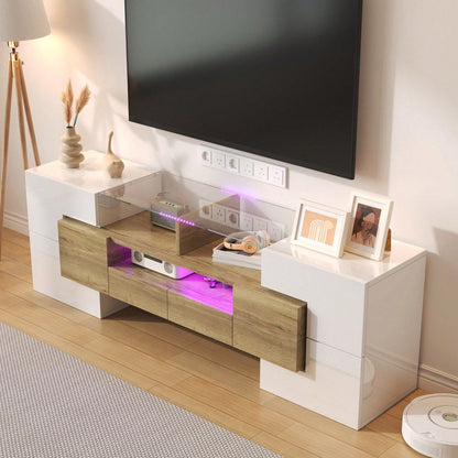 Stilvoller TV-Schrank, Lowboard. hochglänzendes Weiß, 145 cm, LED-Beleuchtung, Wohnzimmermöbel. modernes Design. elegante Glasoberfläche.