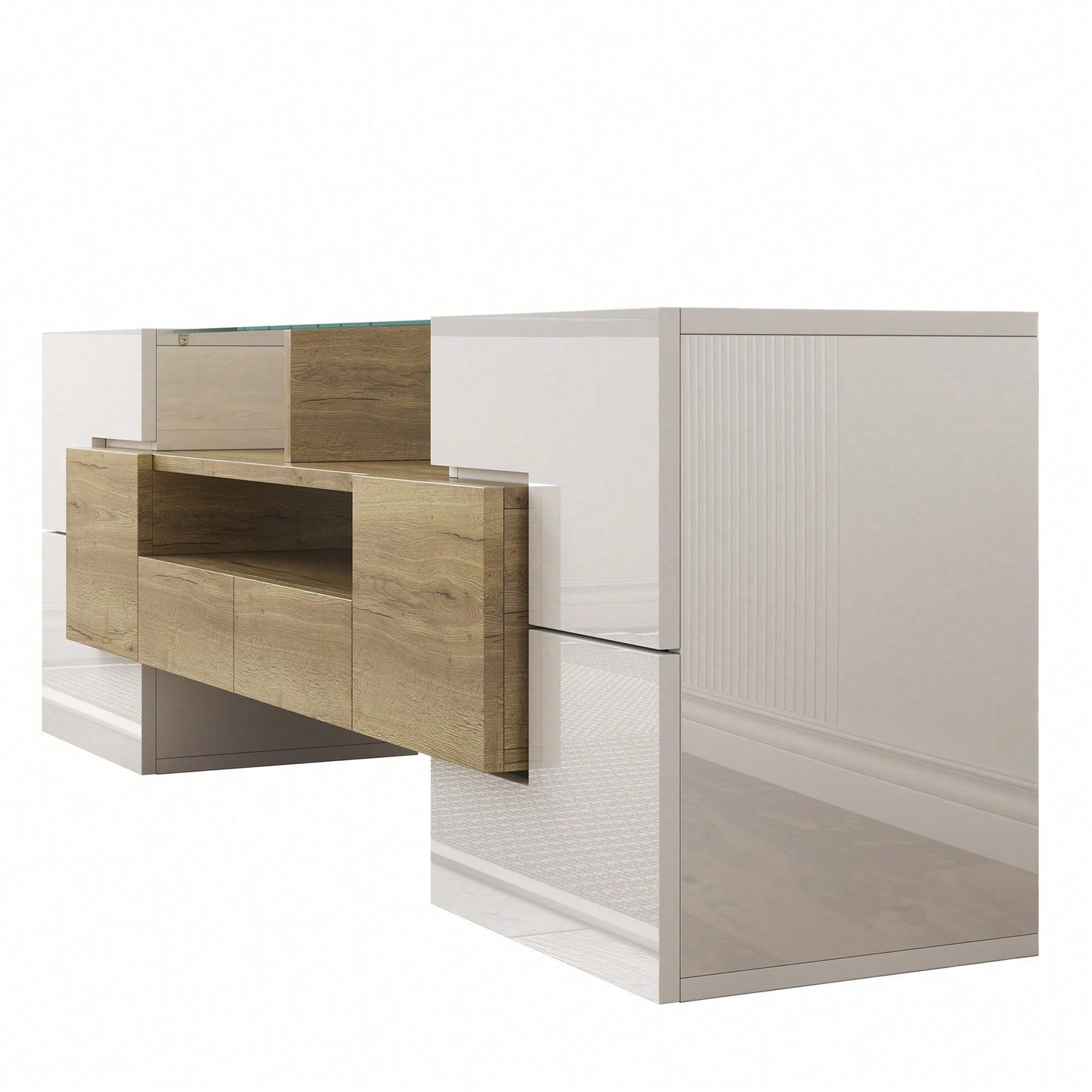 Stilvoller TV-Schrank, Lowboard. hochglänzendes Weiß, 145 cm, LED-Beleuchtung, Wohnzimmermöbel. modernes Design. elegante Glasoberfläche.