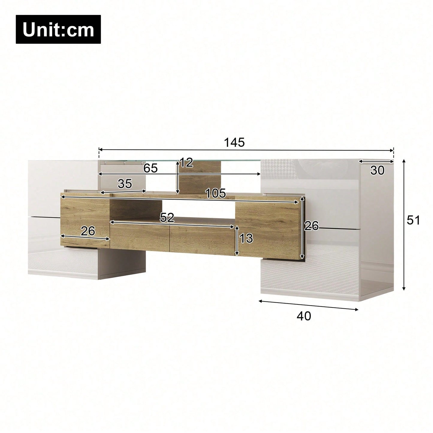 Stilvoller TV-Schrank, Lowboard. hochglänzendes Weiß, 145 cm, LED-Beleuchtung, Wohnzimmermöbel. modernes Design. elegante Glasoberfläche.