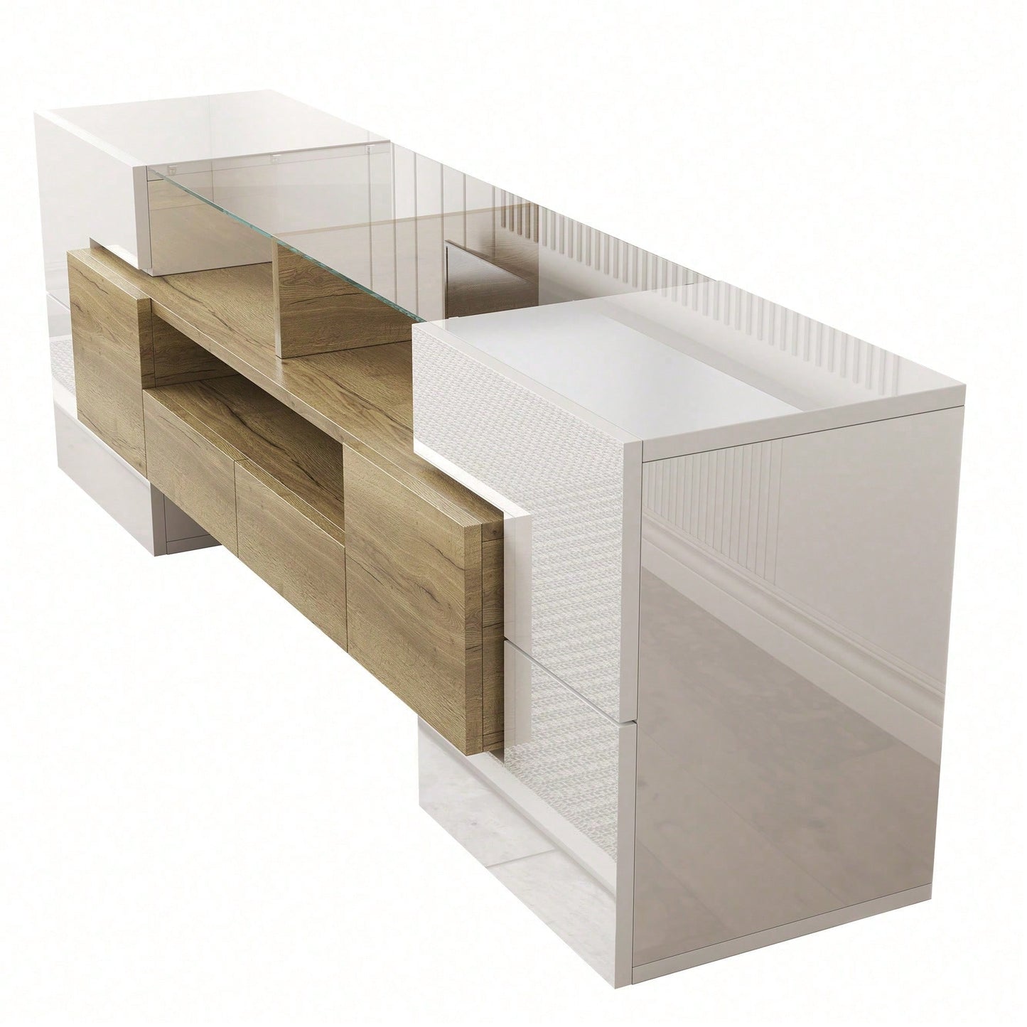 Stilvoller TV-Schrank, Lowboard. hochglänzendes Weiß, 145 cm, LED-Beleuchtung, Wohnzimmermöbel. modernes Design. elegante Glasoberfläche.