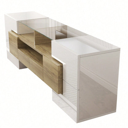 Stilvoller TV-Schrank, Lowboard. hochglänzendes Weiß, 145 cm, LED-Beleuchtung, Wohnzimmermöbel. modernes Design. elegante Glasoberfläche.