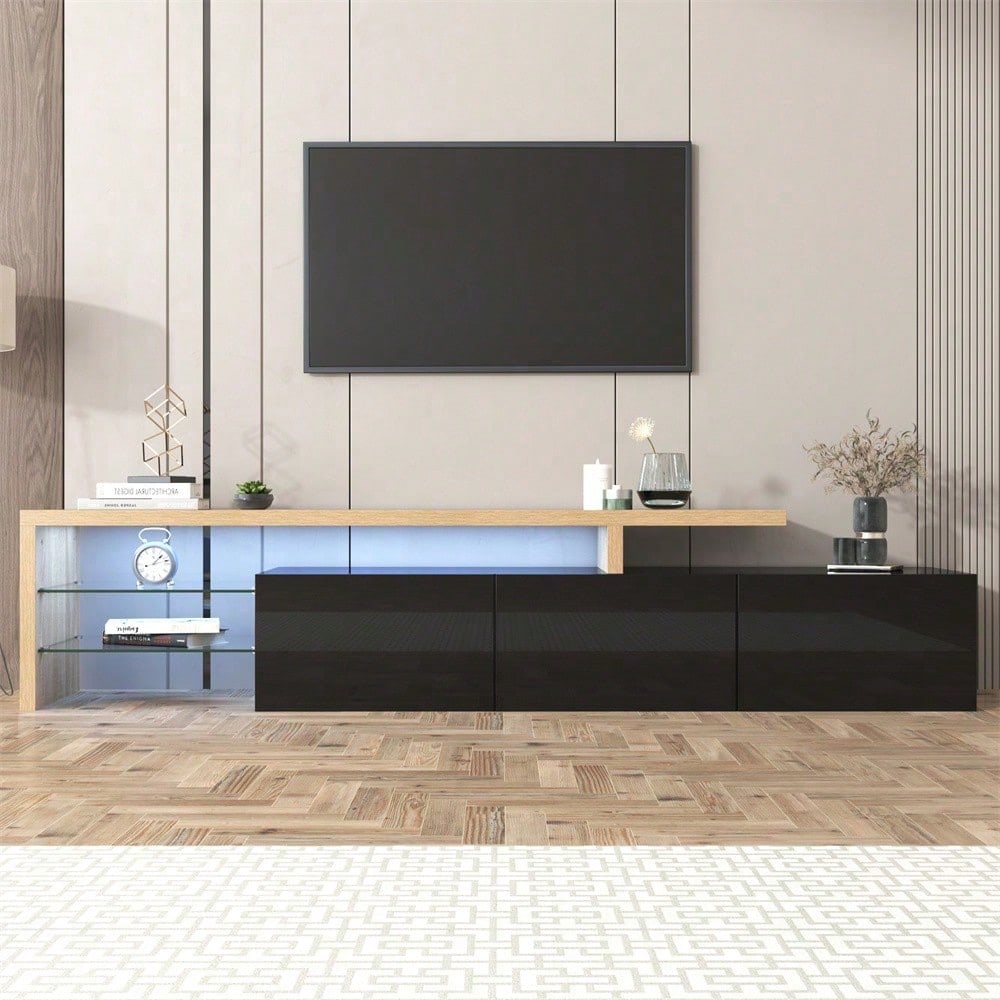 Modernes TV-Schrank-Design: Stilvolle Eleganz, praktischer Stauraum, Hochglänzendes Schwarz, Holzoptik, Glasböden, LED-Beleuchtung