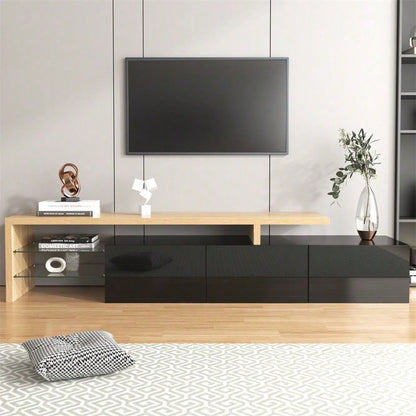 Modernes TV-Schrank-Design: Stilvolle Eleganz, praktischer Stauraum, Hochglänzendes Schwarz, Holzoptik, Glasböden, LED-Beleuchtung