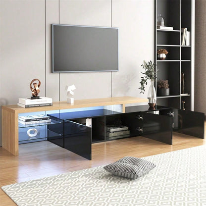 Modernes TV-Schrank-Design: Stilvolle Eleganz, praktischer Stauraum, Hochglänzendes Schwarz, Holzoptik, Glasböden, LED-Beleuchtung