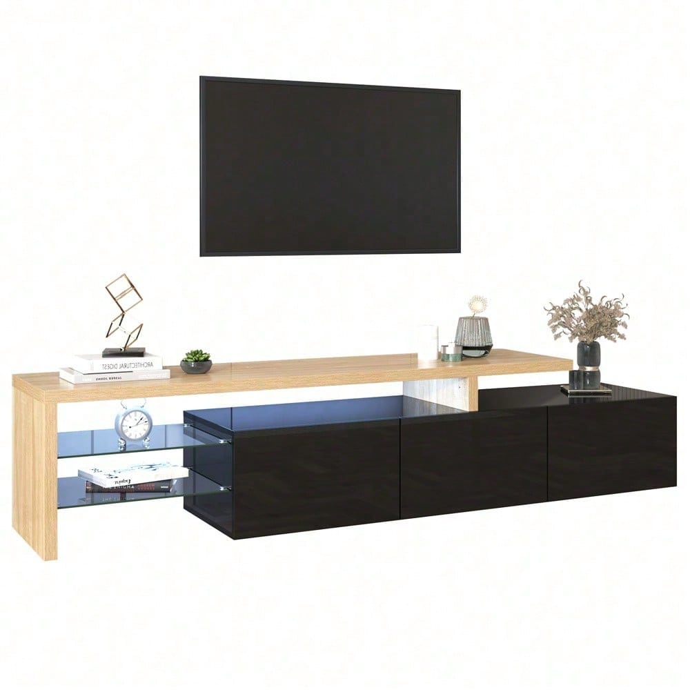 Modernes TV-Schrank-Design: Stilvolle Eleganz, praktischer Stauraum, Hochglänzendes Schwarz, Holzoptik, Glasböden, LED-Beleuchtung