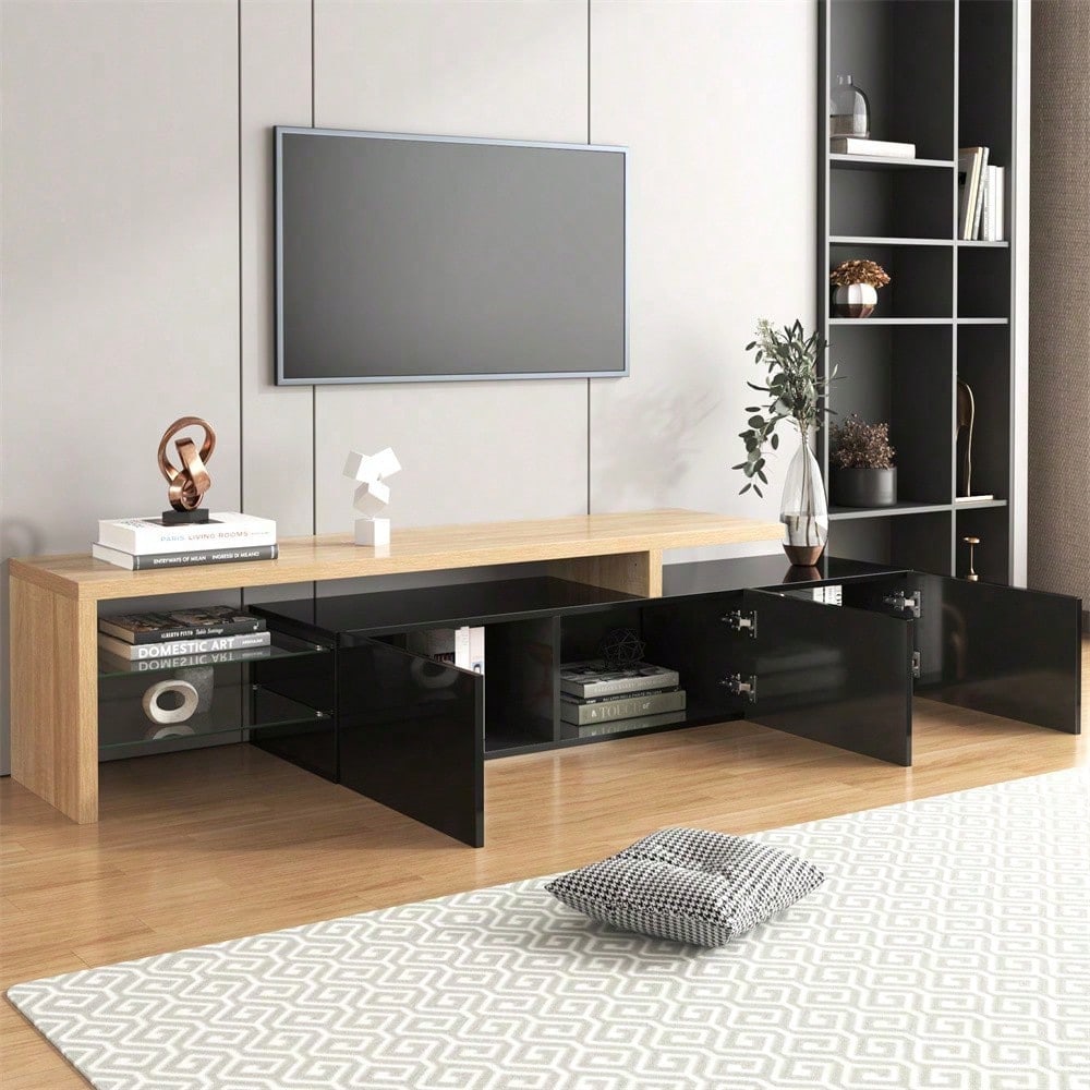 Modernes TV-Schrank-Design: Stilvolle Eleganz, praktischer Stauraum, Hochglänzendes Schwarz, Holzoptik, Glasböden, LED-Beleuchtung