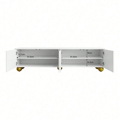 TV-Schrank, lowboard mit strukturierten Türen, goldenen Verzierungen, goldenen runden Beinen, inklusive Einlegeböden, push-to-open