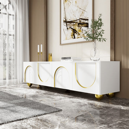 TV-Schrank, lowboard mit strukturierten Türen, goldenen Verzierungen, goldenen runden Beinen, inklusive Einlegeböden, push-to-open