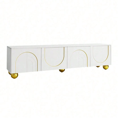 TV-Schrank, lowboard mit strukturierten Türen, goldenen Verzierungen, goldenen runden Beinen, inklusive Einlegeböden, push-to-open