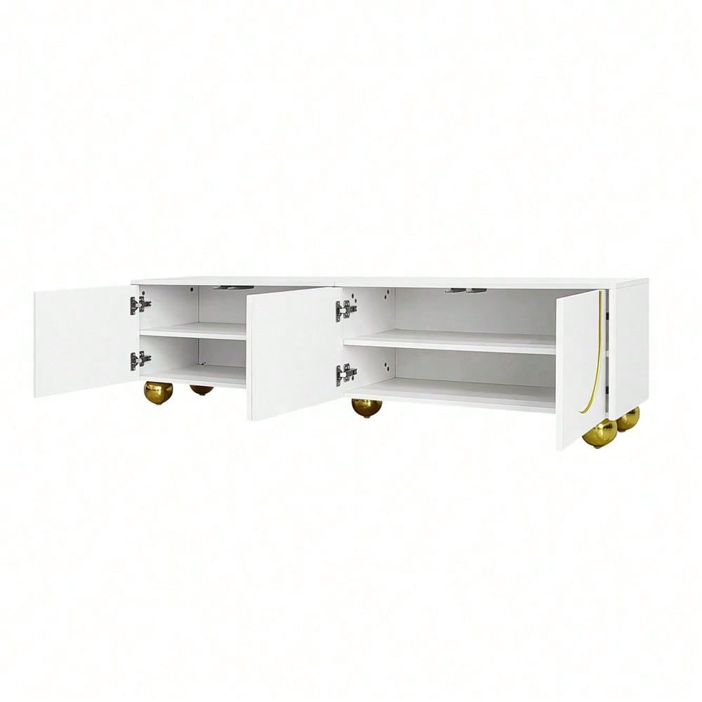 TV-Schrank, lowboard mit strukturierten Türen, goldenen Verzierungen, goldenen runden Beinen, inklusive Einlegeböden, push-to-open
