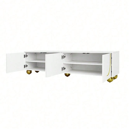 TV-Schrank, lowboard mit strukturierten Türen, goldenen Verzierungen, goldenen runden Beinen, inklusive Einlegeböden, push-to-open
