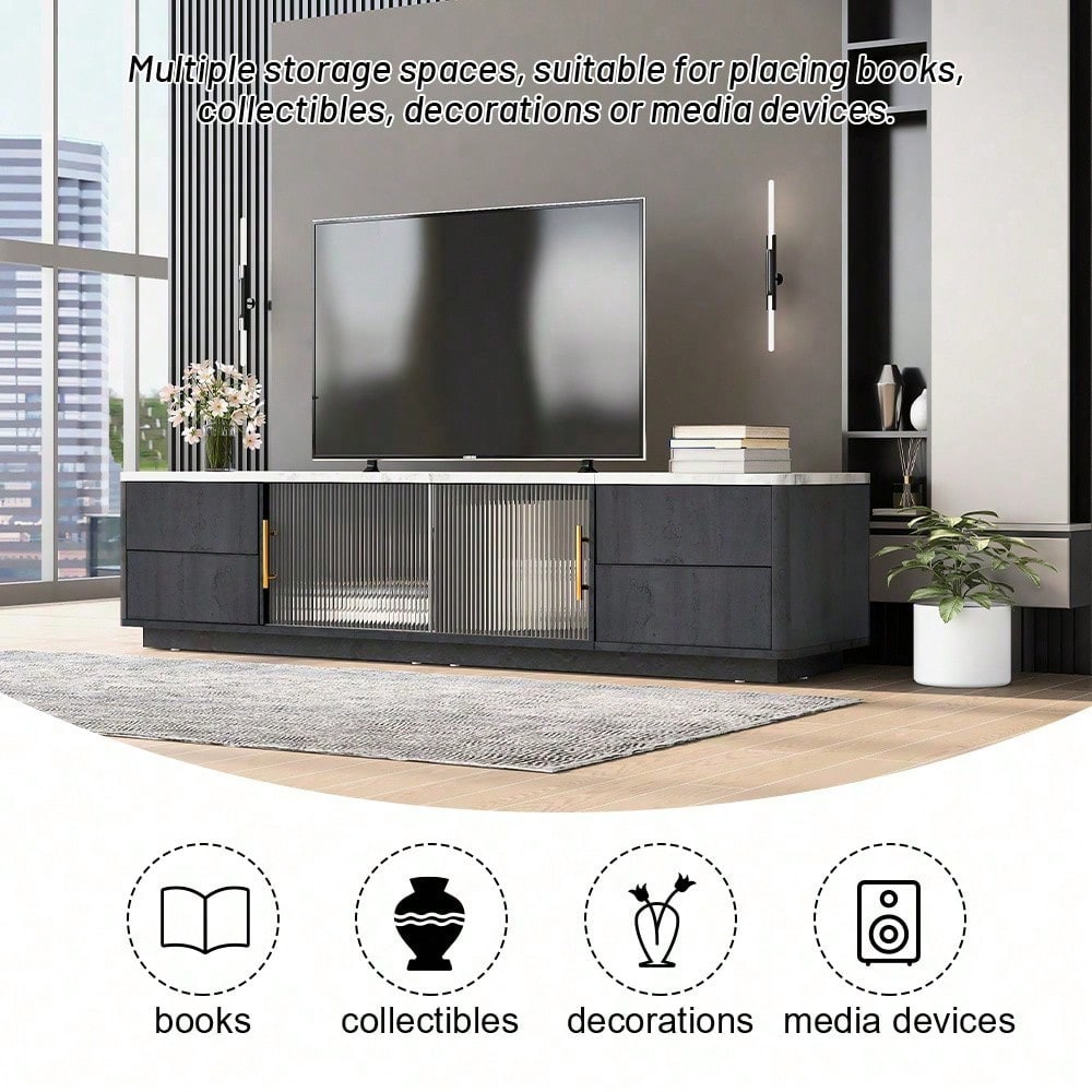 160cm Deluxe TV Stand für 70" TV - Stilvolles Grau, marmorierte Tischplatte, Kabelmanagement, Schubladen mit Push-to-Open-Funktion
